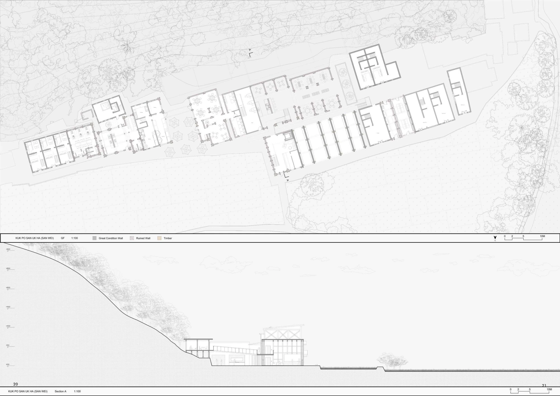 Plan and section within the existing settlement